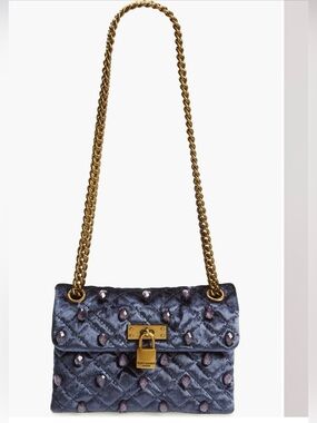 NEW Kurt Geiger Blue Quilted Velvet Rhinestones Chain Shoulder Bag
